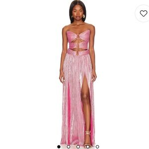 Bronx & Banco Sonny Strapless Cut Out High Slit Maxi Dress Gown in Metallic Rose